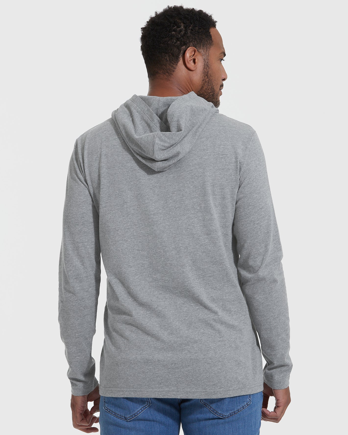 Heather Gray Hooded Long Sleeve T-Shirt on model from behind.