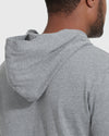 Rear view of Heather Gray Hooded Long Sleeve T Shirt worn.