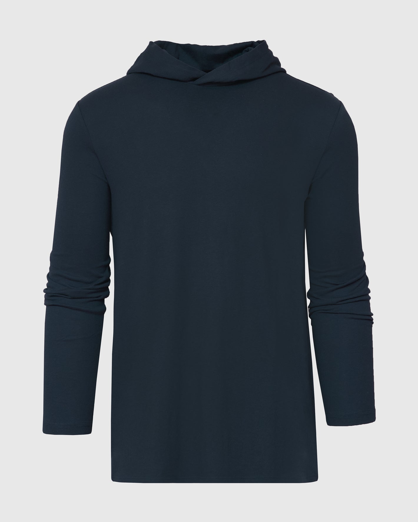 Navy Hooded Long Sleeve T-Shirt on light gray background.