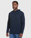 Navy Hooded Long Sleeve T-Shirt on man with jeans.