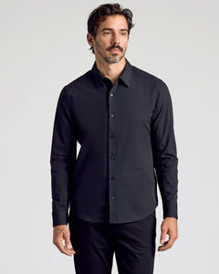 True ClassicBlack Commuter Long Sleeve Shirt on model, showcasing slim fit and modern style.
