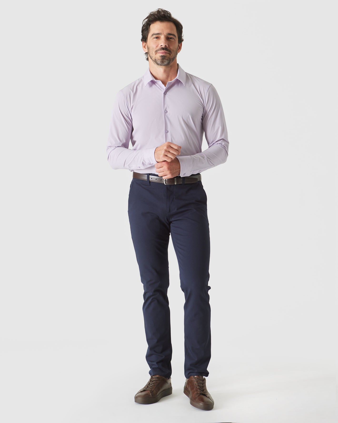 Orchid Long Sleeve Lightweight Dress Shirt worn by model.