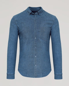 True ClassicLight Indigo Wash Long Sleeve Chambray Shirt with button front and chest pocket.