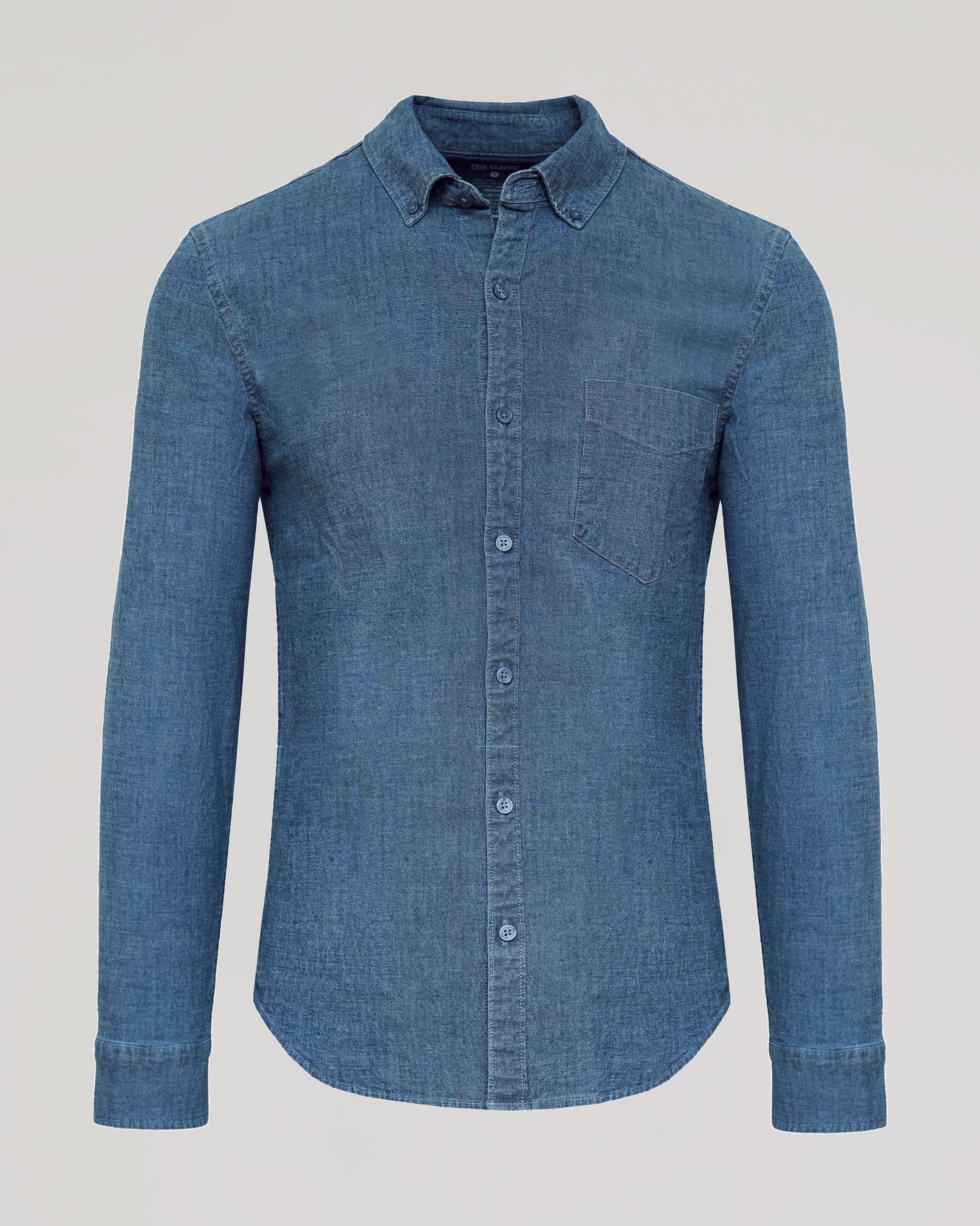 Light Indigo Wash Long Sleeve Chambray Shirt with button front and chest pocket.