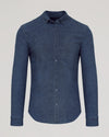 Medium Indigo Wash Long Sleeve Chambray Shirt with buttoned collar and cuffs.