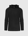 Black Sweater Hoodie: plain, long-sleeved, ribbed cuffs, hooded pullover.