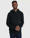 Black Sweater Hoodie worn by man, showcasing fit and ribbed details.