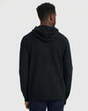 Black Sweater Hoodie with ribbed cuffs, hem, and hood worn with jeans.