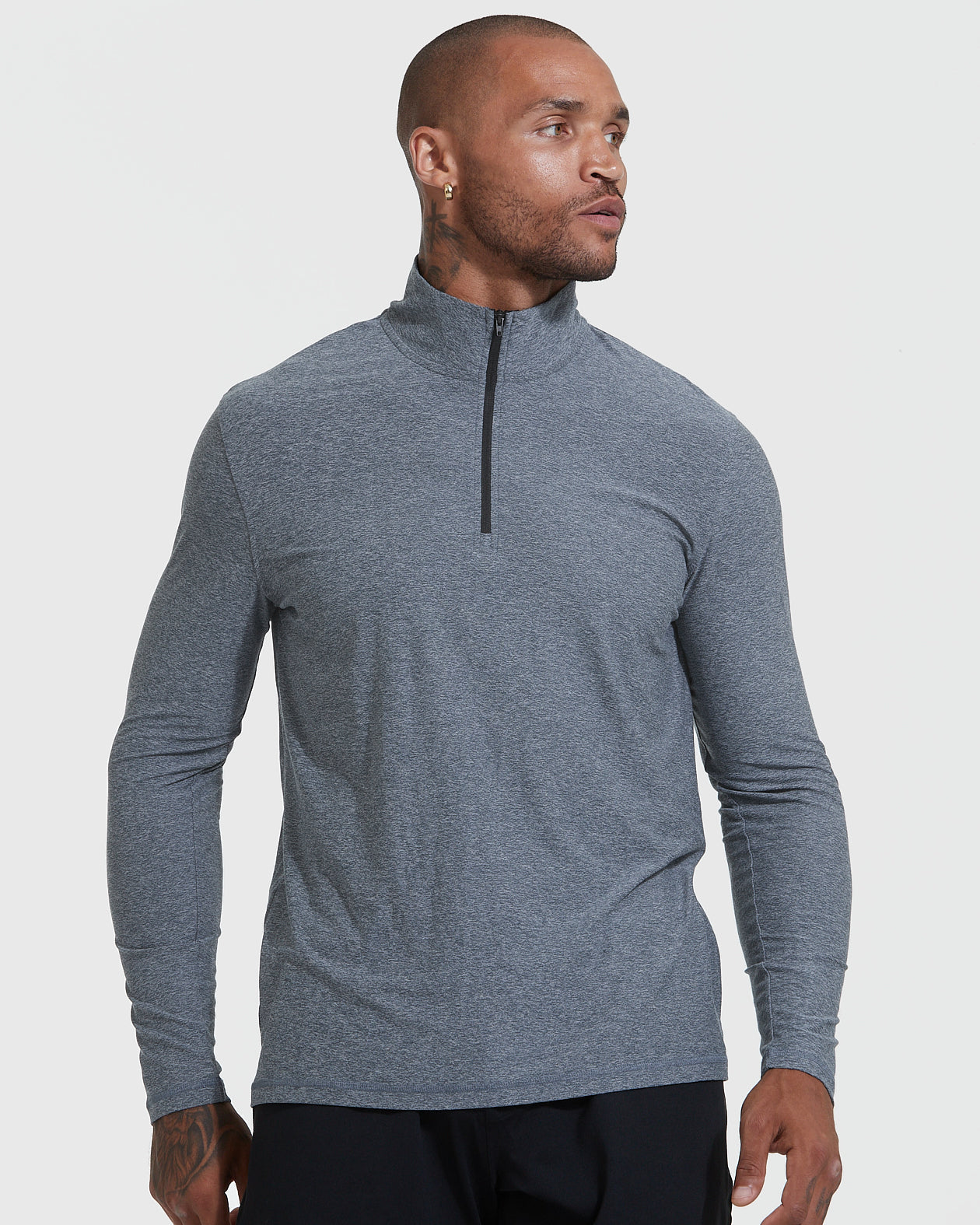 Heather Navy Active Quarter Zip Shirt worn by man with tattoos.