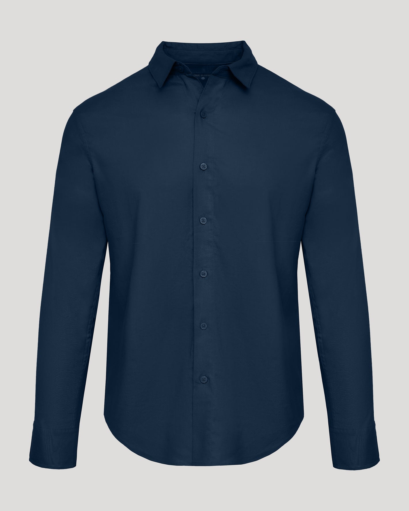 Navy Long Sleeve Linen Shirt with classic collar and button front.