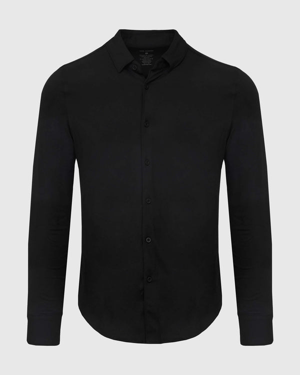 Black Long Sleeve Do-It-All Comfort Shirt with button-up design and standard collar.