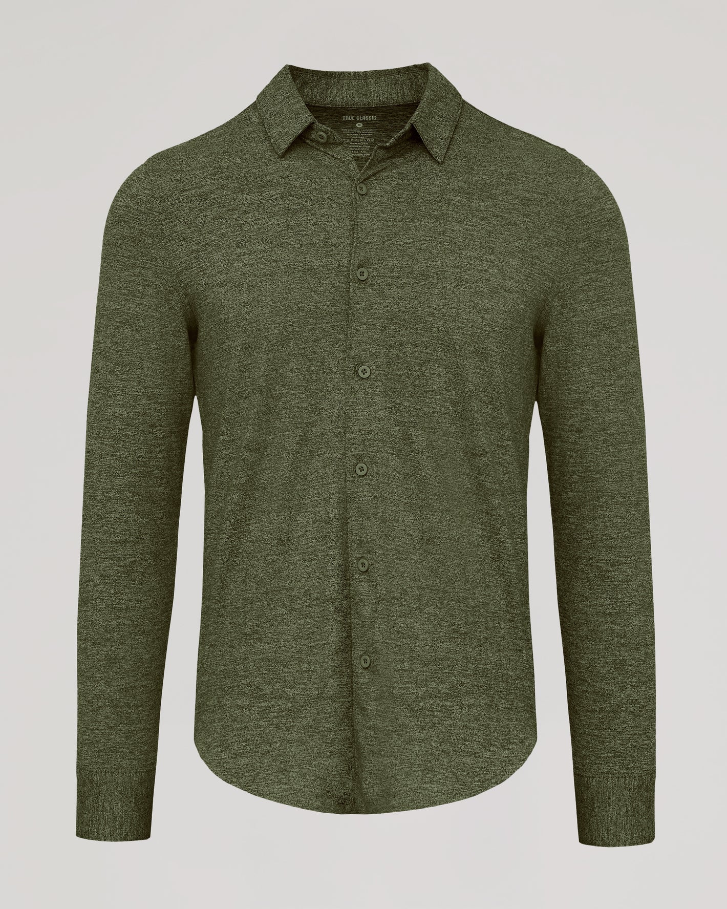 Dark Heather Military Green Long Sleeve Do-It-All Comfort Shirt with button front.