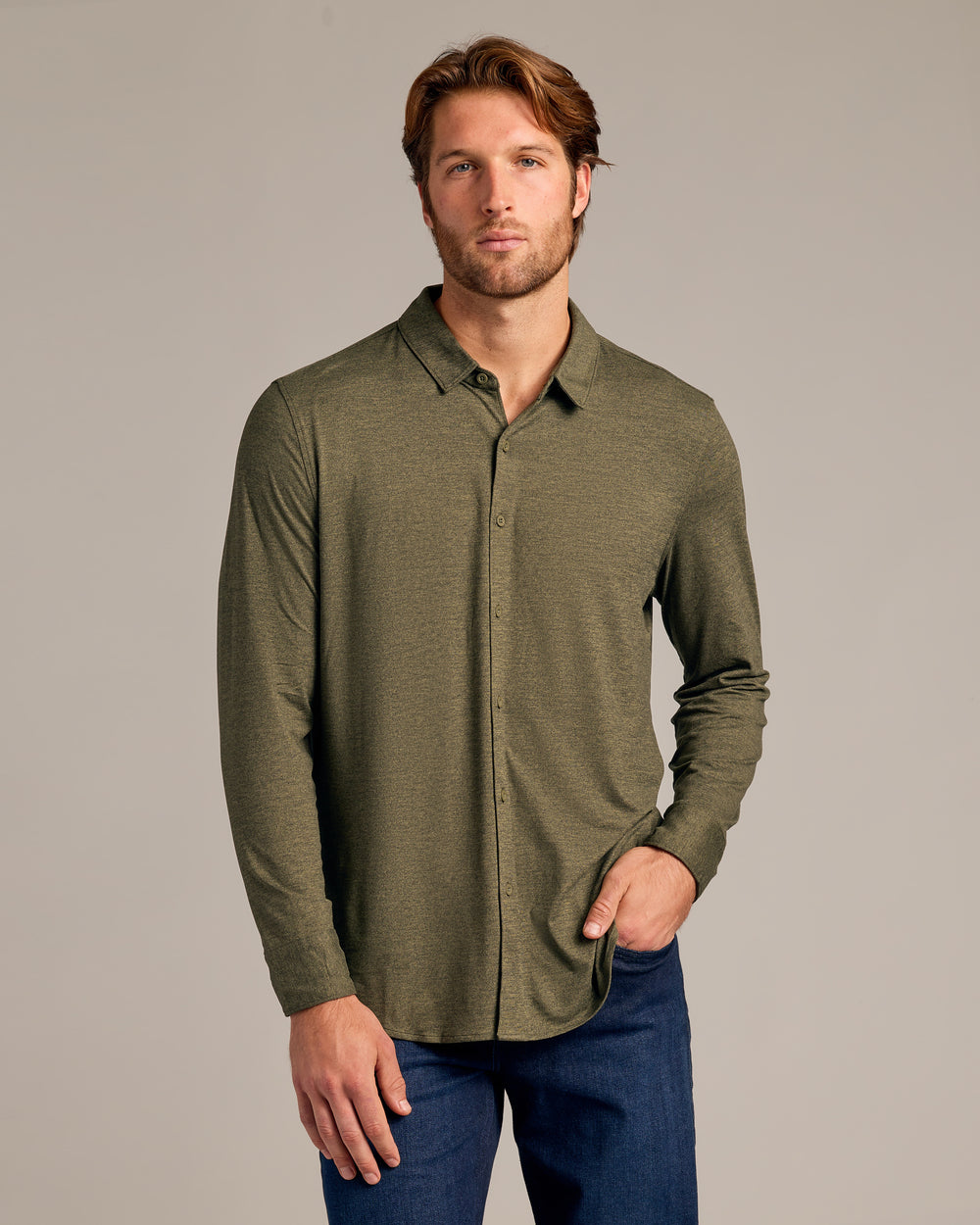 Dark Heather Military Green Long Sleeve Do-It-All Comfort Shirt