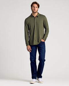 True ClassicModel in Staple Long Sleeve Do-It-All Comfort Shirt, jeans, sneakers.