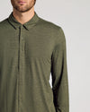 Man wearing Dark Heather Military Green Long Sleeve Do-It-All Comfort Shirt.