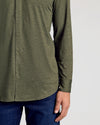 Person wearing Dark Heather Military Green Long Sleeve Do-It-All Comfort Shirt.