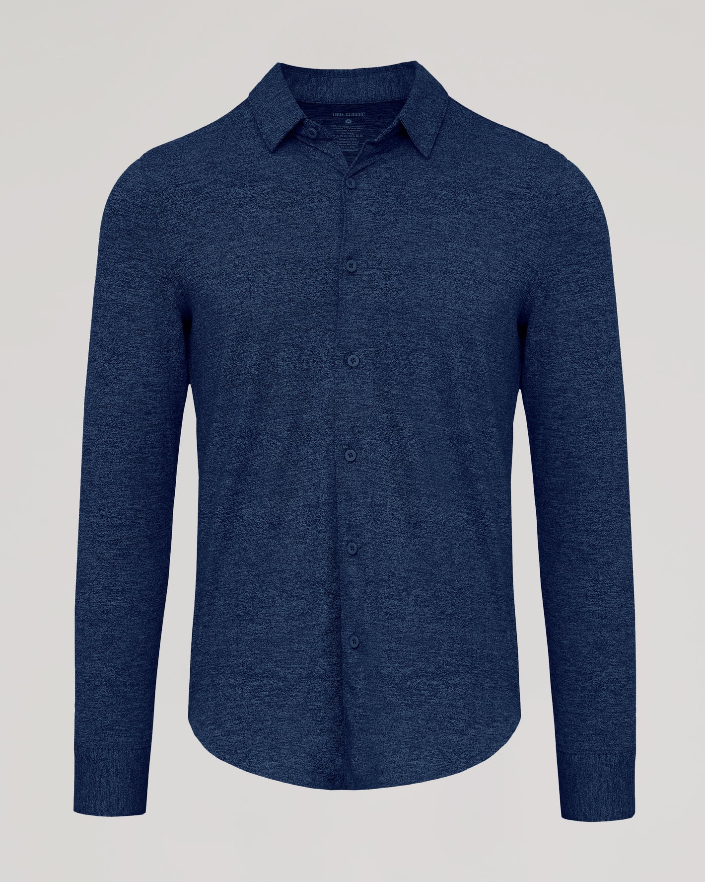 Dark Heather Navy Long Sleeve Do-It-All Comfort Shirt with button-front.