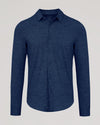 Blue button-up shirt on a light gray background