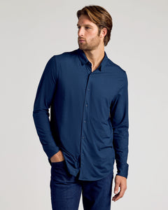 True ClassicModel in Staple Long Sleeve Do-It-All Comfort Shirt and jeans.