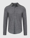 Heather Gray Long Sleeve Do-It-All Comfort Shirt, knit, buttoned, with collar.