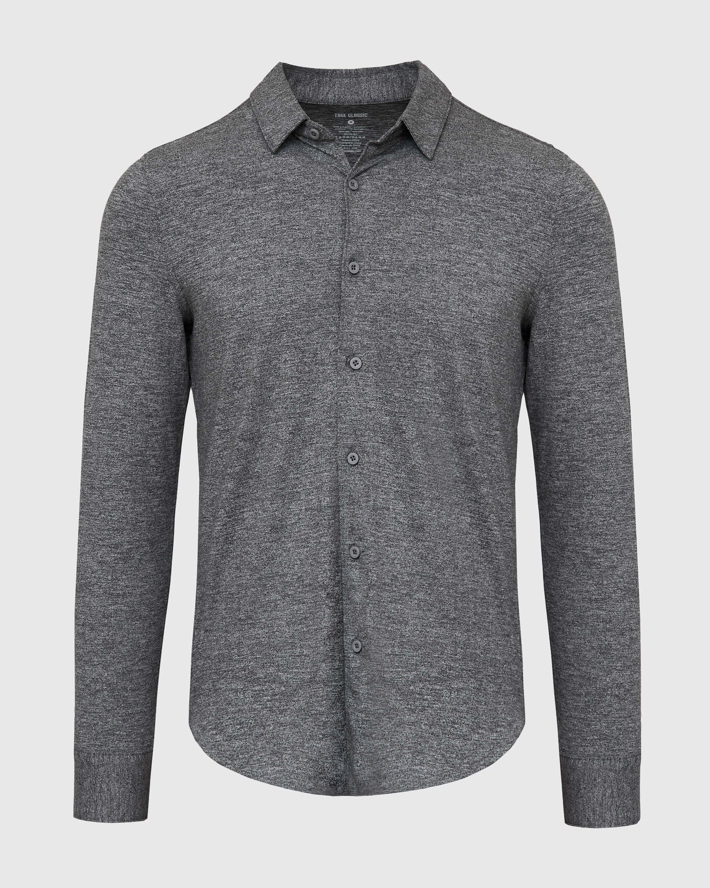 Heather Gray Long Sleeve Do-It-All Comfort Shirt, knit, buttoned, with collar.