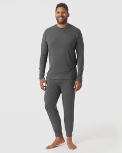 True ClassicMan wearing Charcoal Heather Gray Long Sleeve Loungewear Tee, smiling.