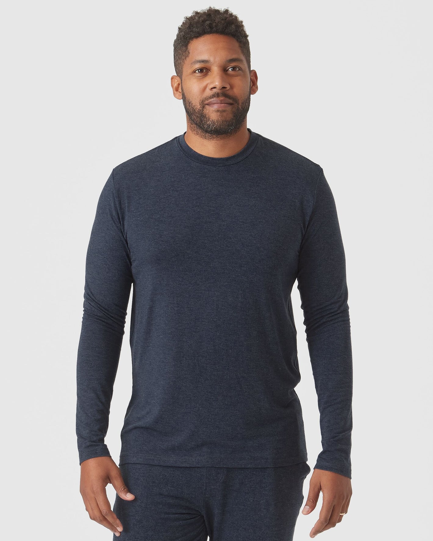 Heather Navy Long Sleeve Loungewear Tee on man, relaxed fit.