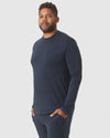 Heather Navy Long Sleeve Loungewear Tee worn by model with jogger pants.