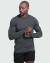 Charcoal Heather Active Comfort Crew Sweatshirt on model with tattoos and earrings.