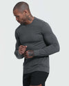 Charcoal Heather Active Comfort Crew Sweatshirt worn by tattooed model.