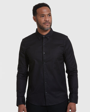 Black Stretch Oxford Long Sleeve Shirt modeled with a slim fit.