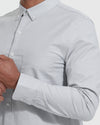Light Gray Stretch Oxford Long Sleeve Button Up Shirt with cuff adjustment.