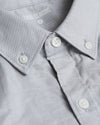 Light Gray Stretch Oxford Long Sleeve Button Up Shirt collar and buttons.