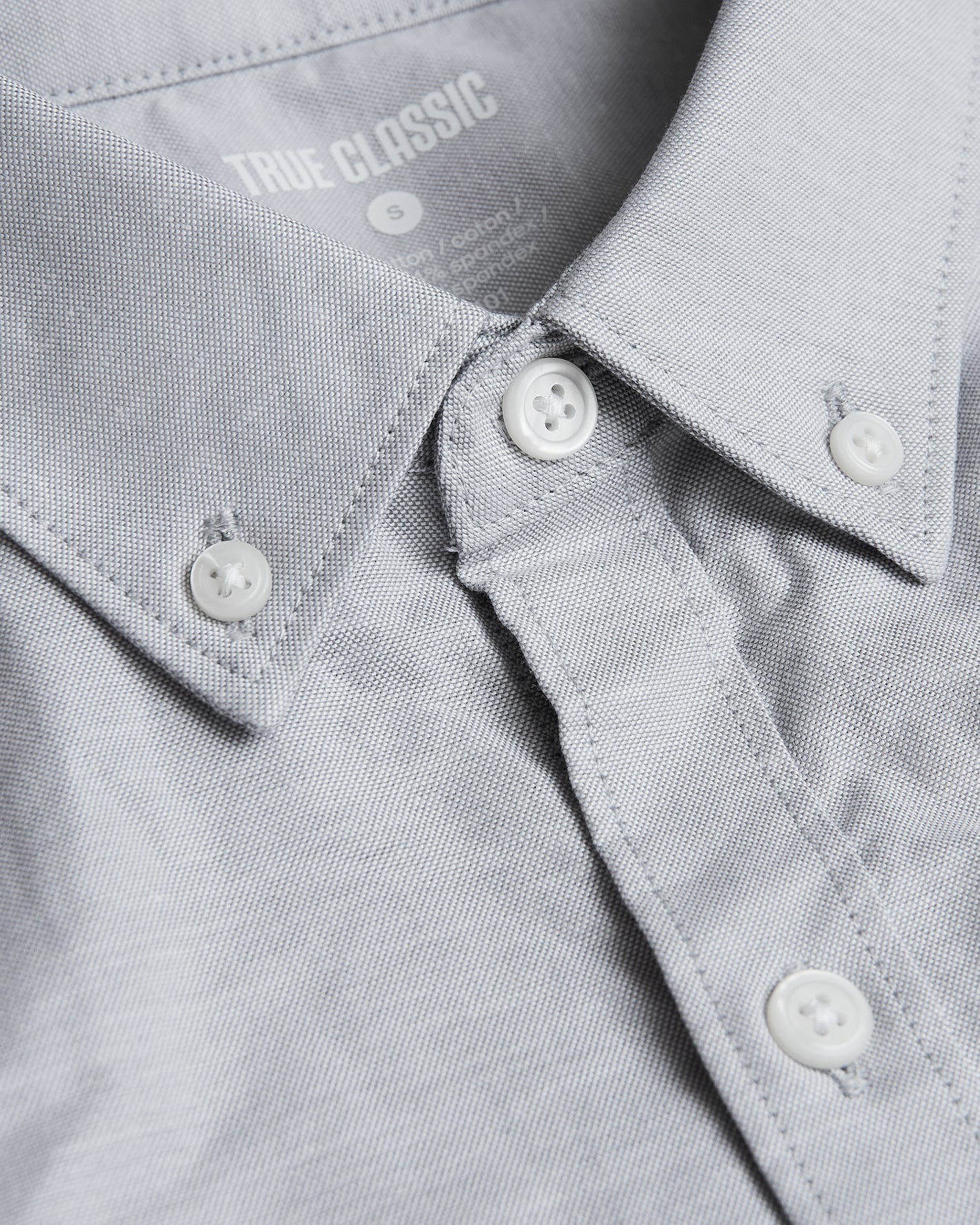 Light Gray Stretch Oxford Long Sleeve Button Up Shirt collar and buttons.