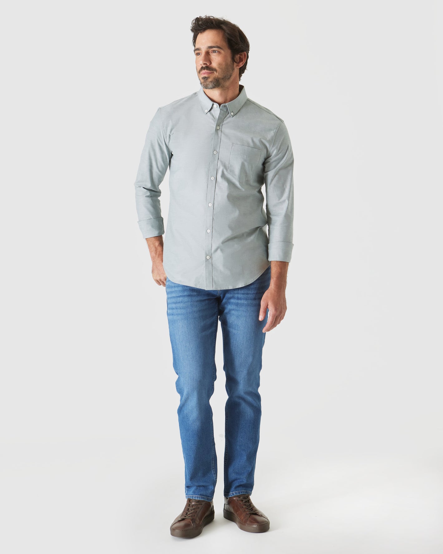 Moss Stretch Oxford Long Sleeve Shirt worn with jeans and leather shoes.