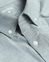 Moss Stretch Oxford Long Sleeve Shirt close-up with collar and buttons.
