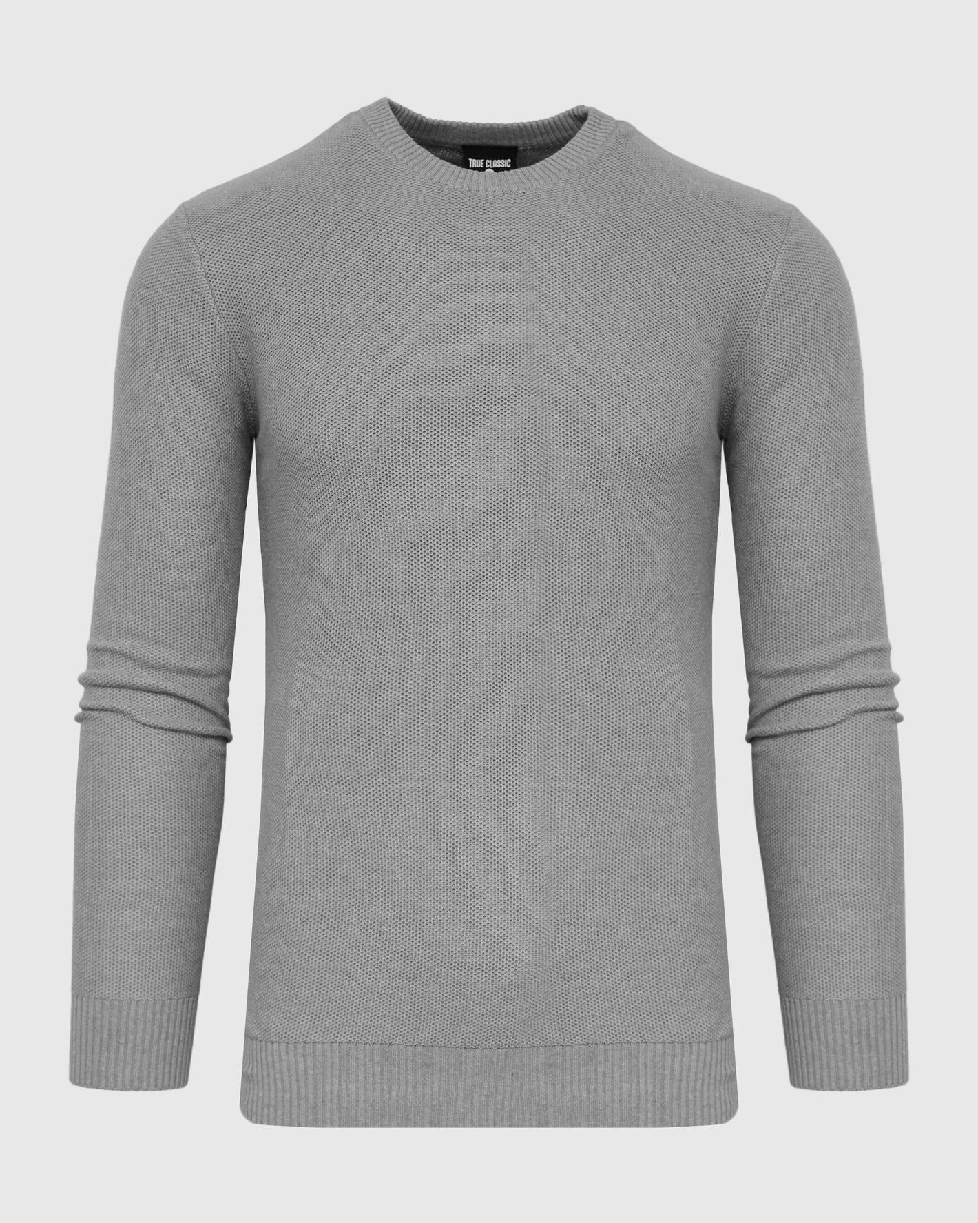 Heather Gray Pique Crew Sweater with ribbed cuffs and textured knit.