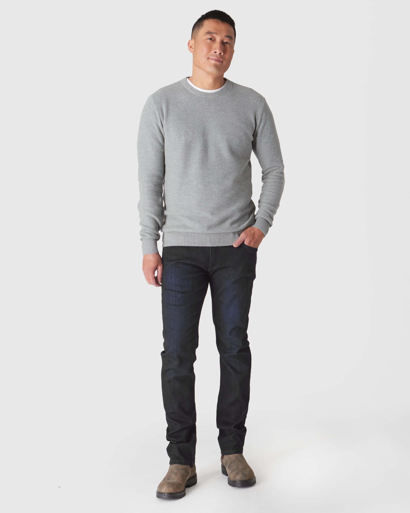 Heather Gray Pique Crew Sweater worn over white tee with jeans.