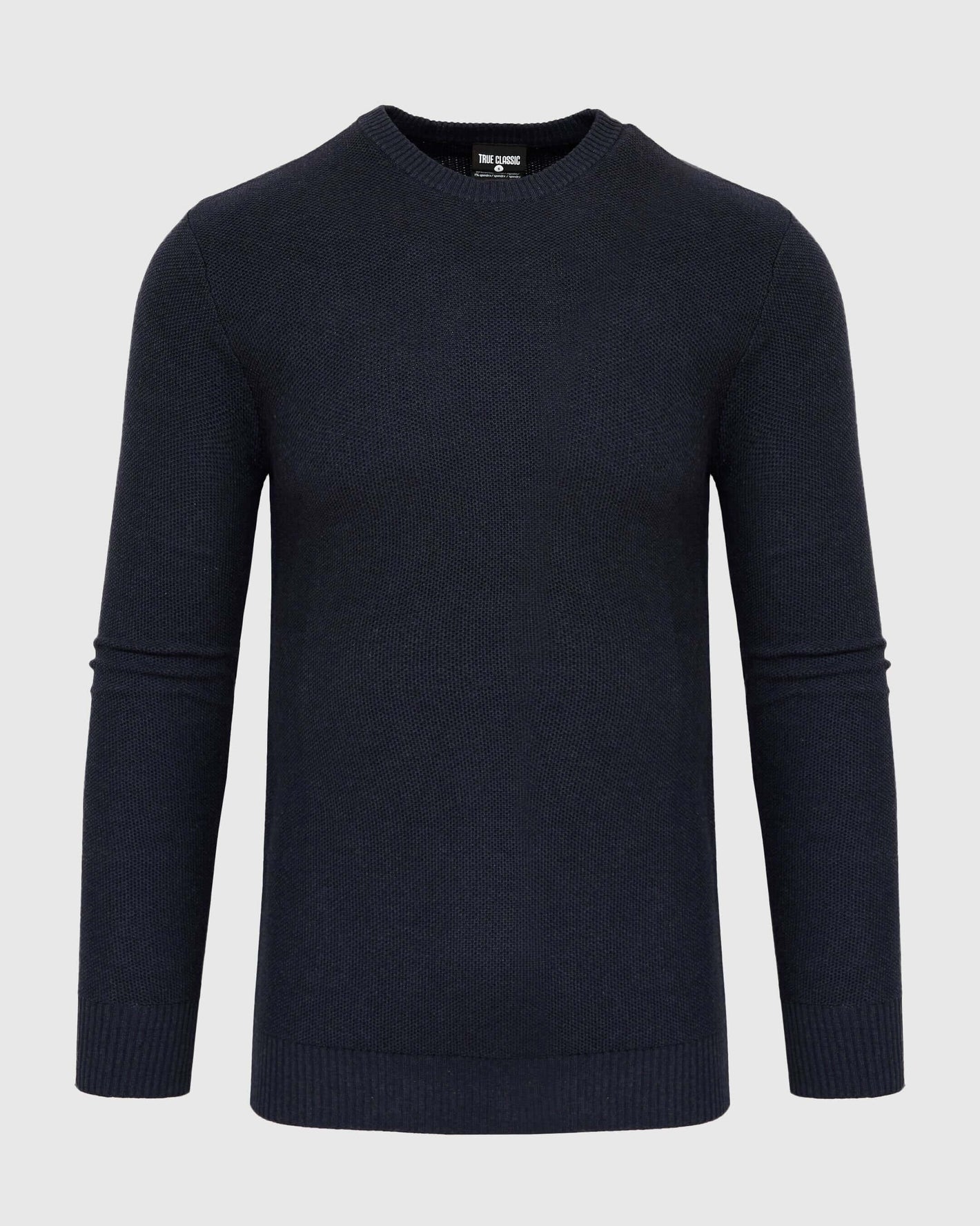 Heather Navy Pique Crew Sweater with textured knit and ribbed trim.