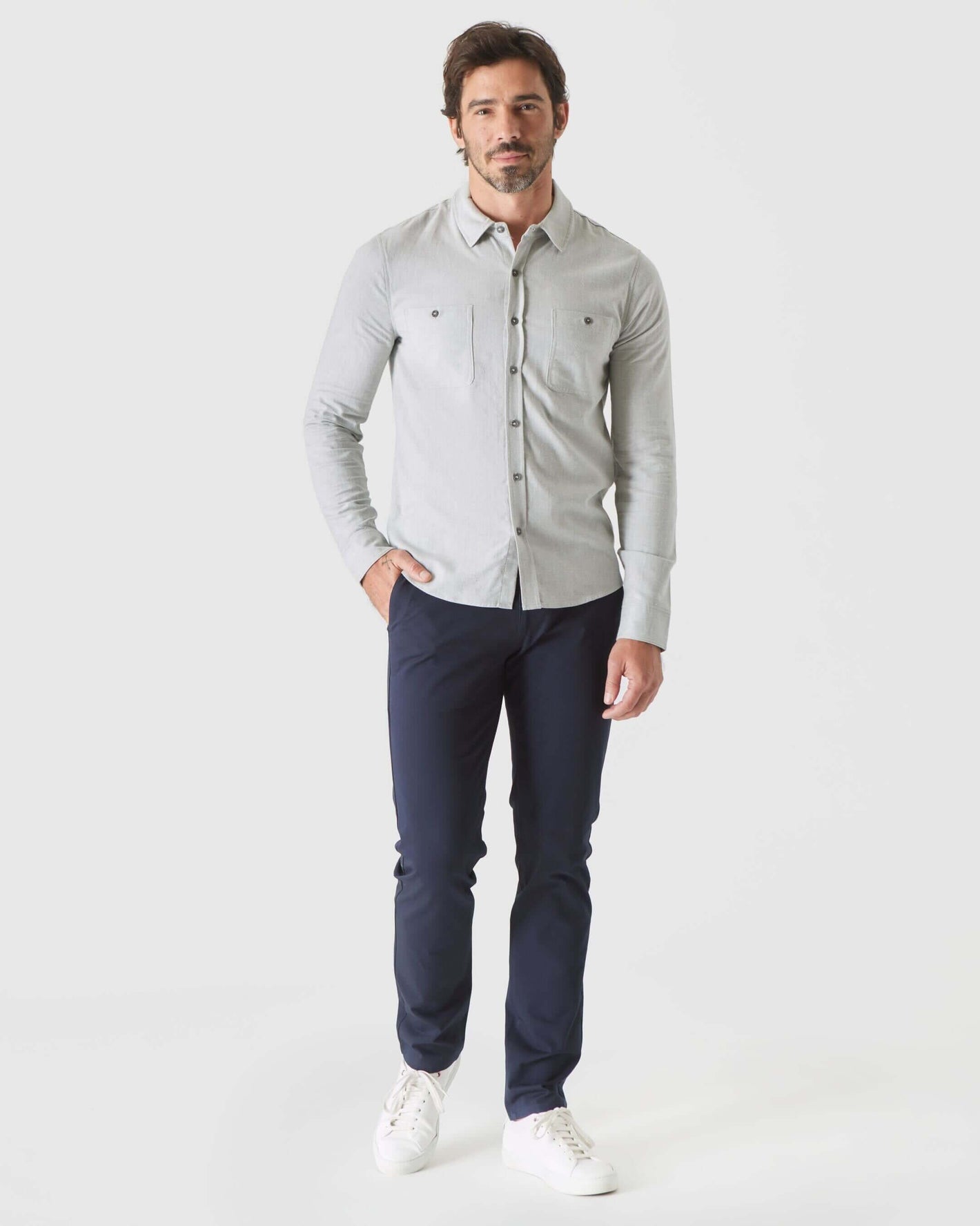 Heather Gray Long Sleeve Lightweight Flannel Shirt worn by model with navy pants.