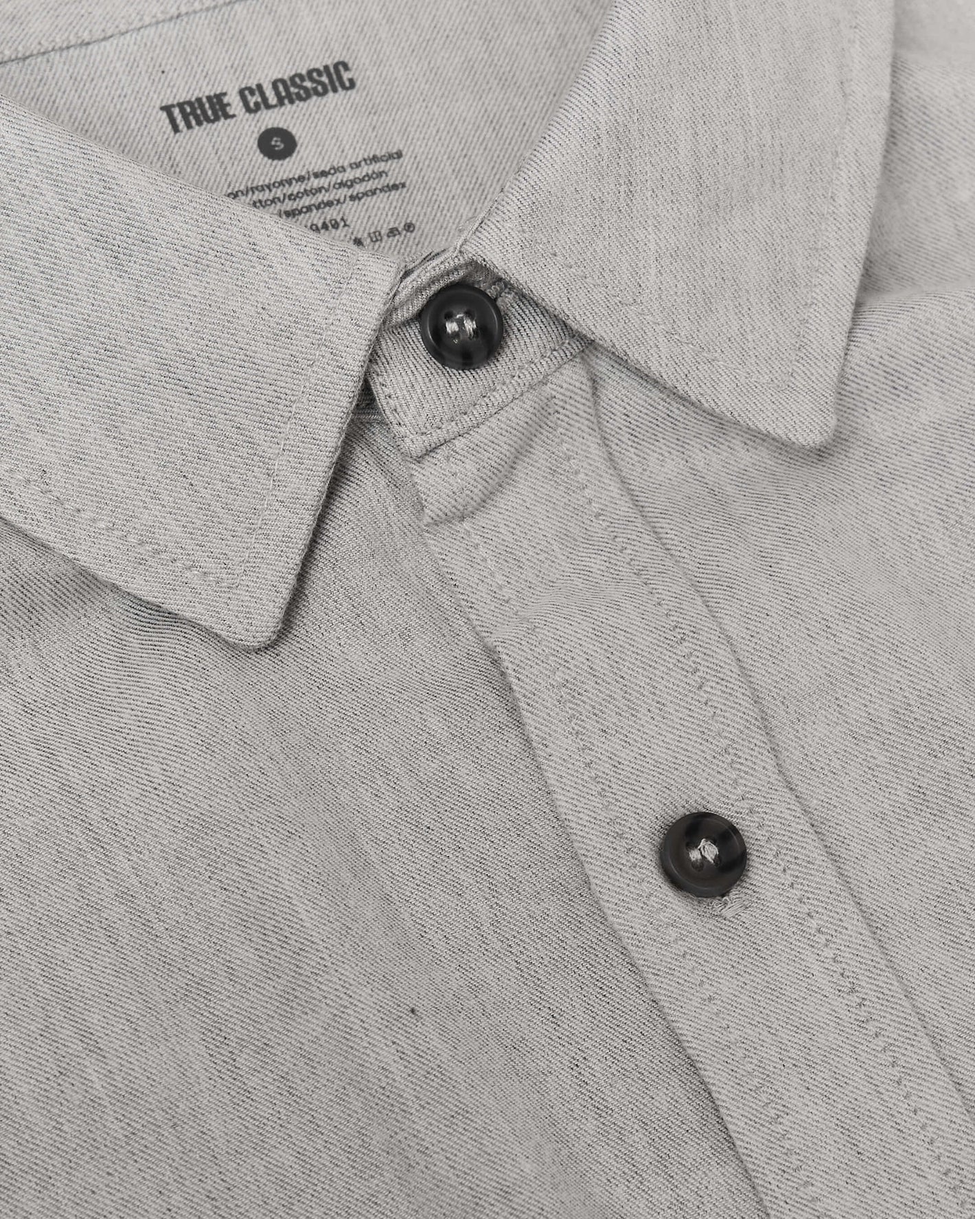 Heather Gray Long Sleeve Lightweight Flannel Shirt close-up showing collar and buttons.