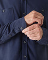 Navy Long Sleeve Lightweight Flannel Shirt with buttoned cuff and chest pocket.