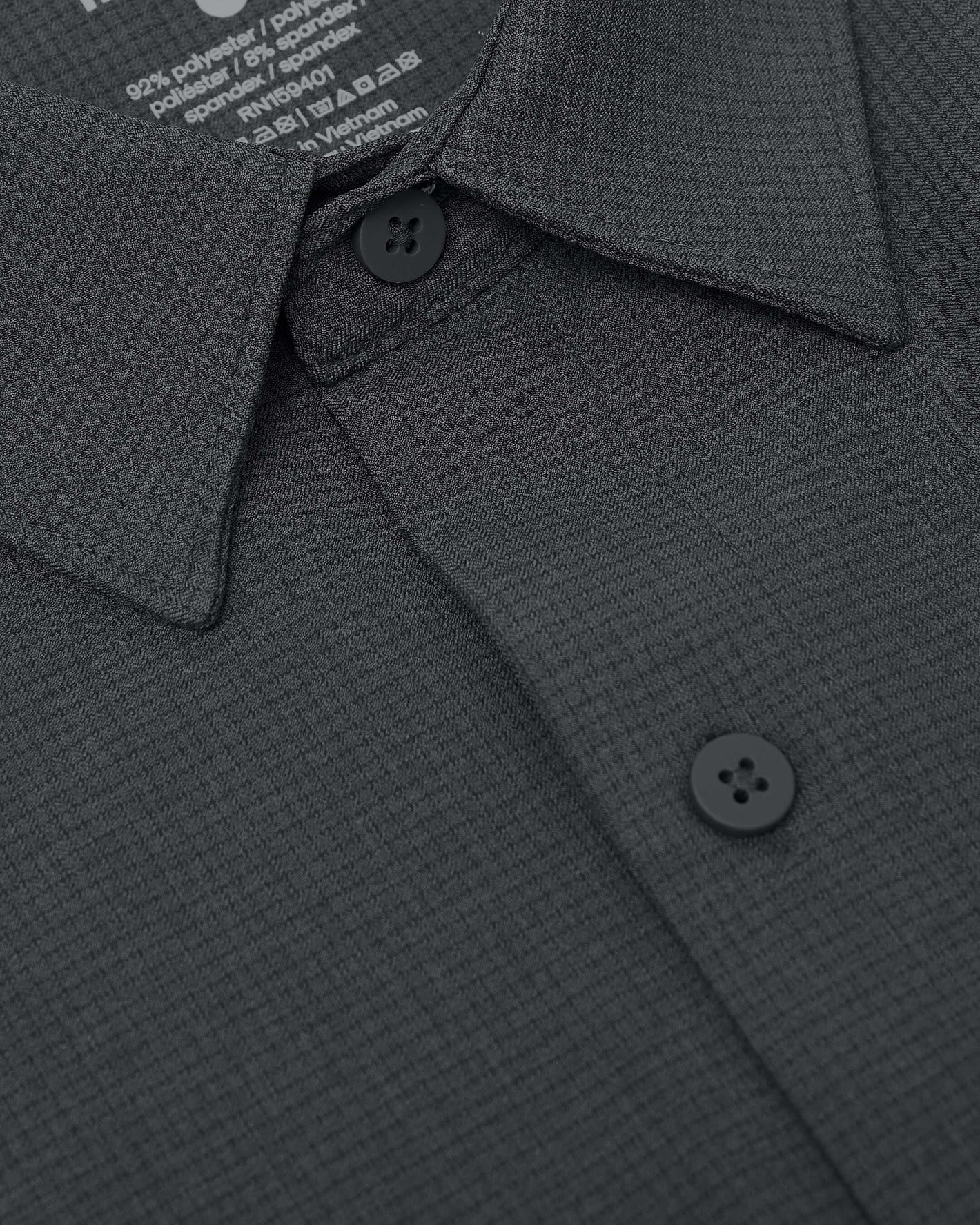 Charcoal Heather Gray Long Sleeve Ripstop Commuter Shirt close-up of collar and buttons.