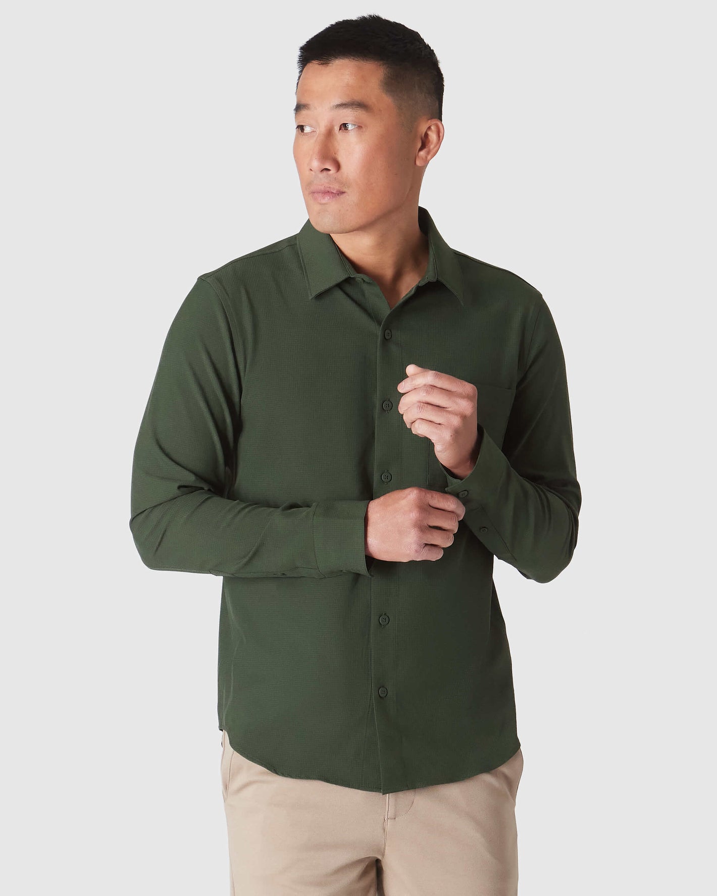 Male model wearing Olive Long Sleeve Ripstop Commuter Shirt.