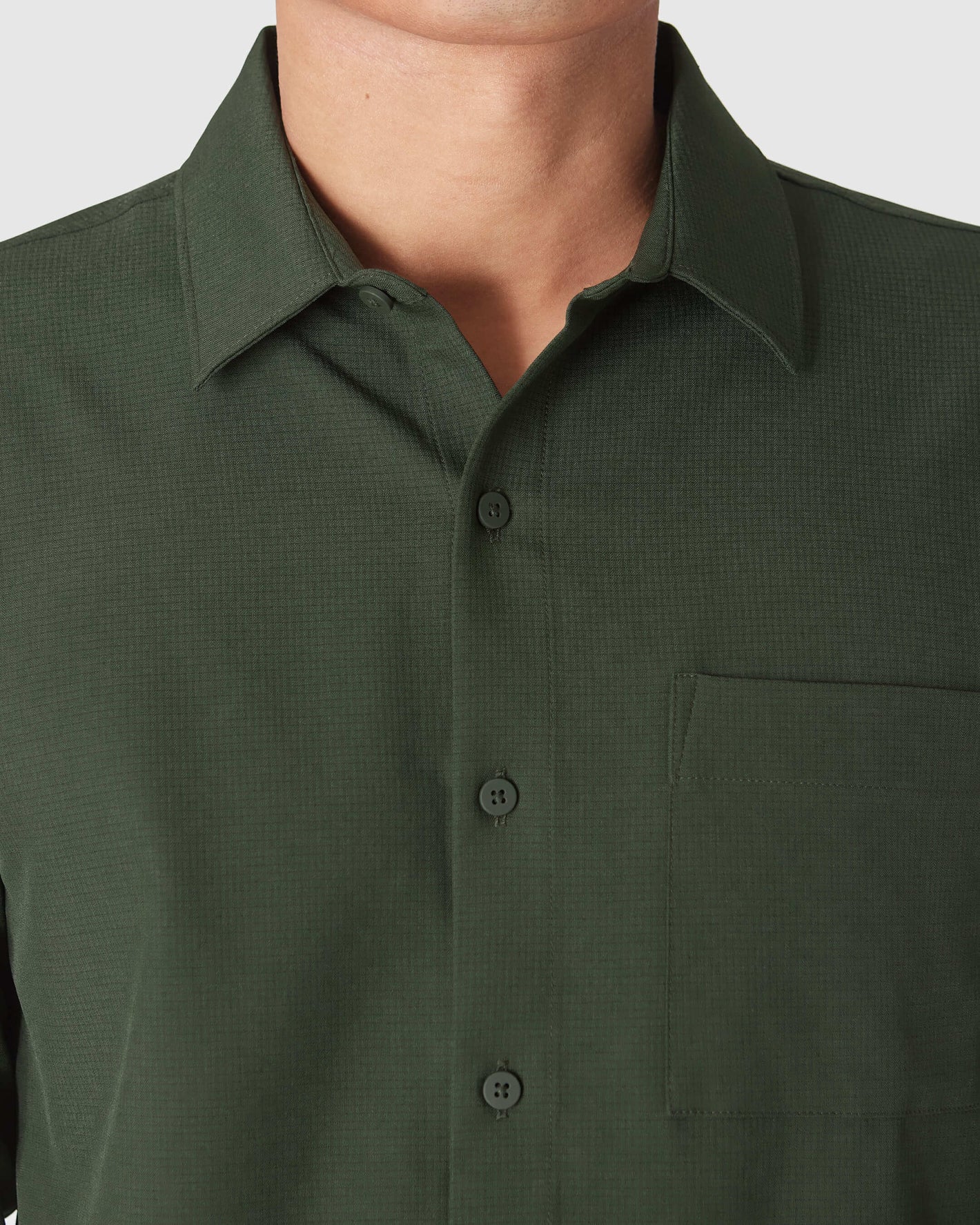 Olive Long Sleeve Ripstop Commuter Shirt with collar and chest pocket.