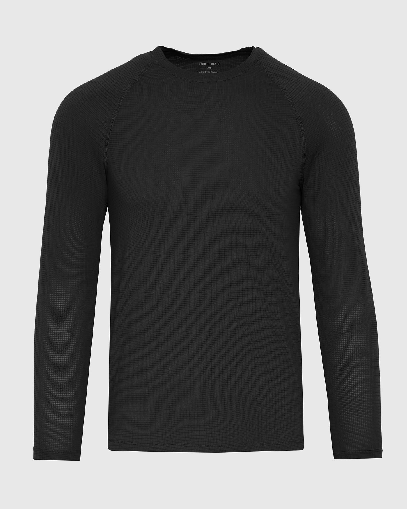Black Long Sleeve Active Mesh Crew in waffle-knit fabric against light gray background.