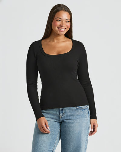 Ribbed Long Sleeve Scoop Neck - Black