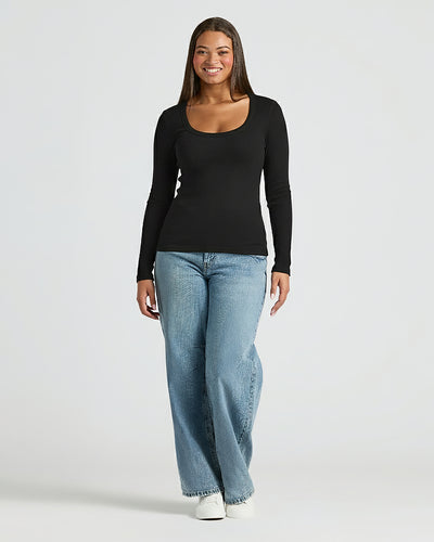 Ribbed Long Sleeve Scoop Neck - Black