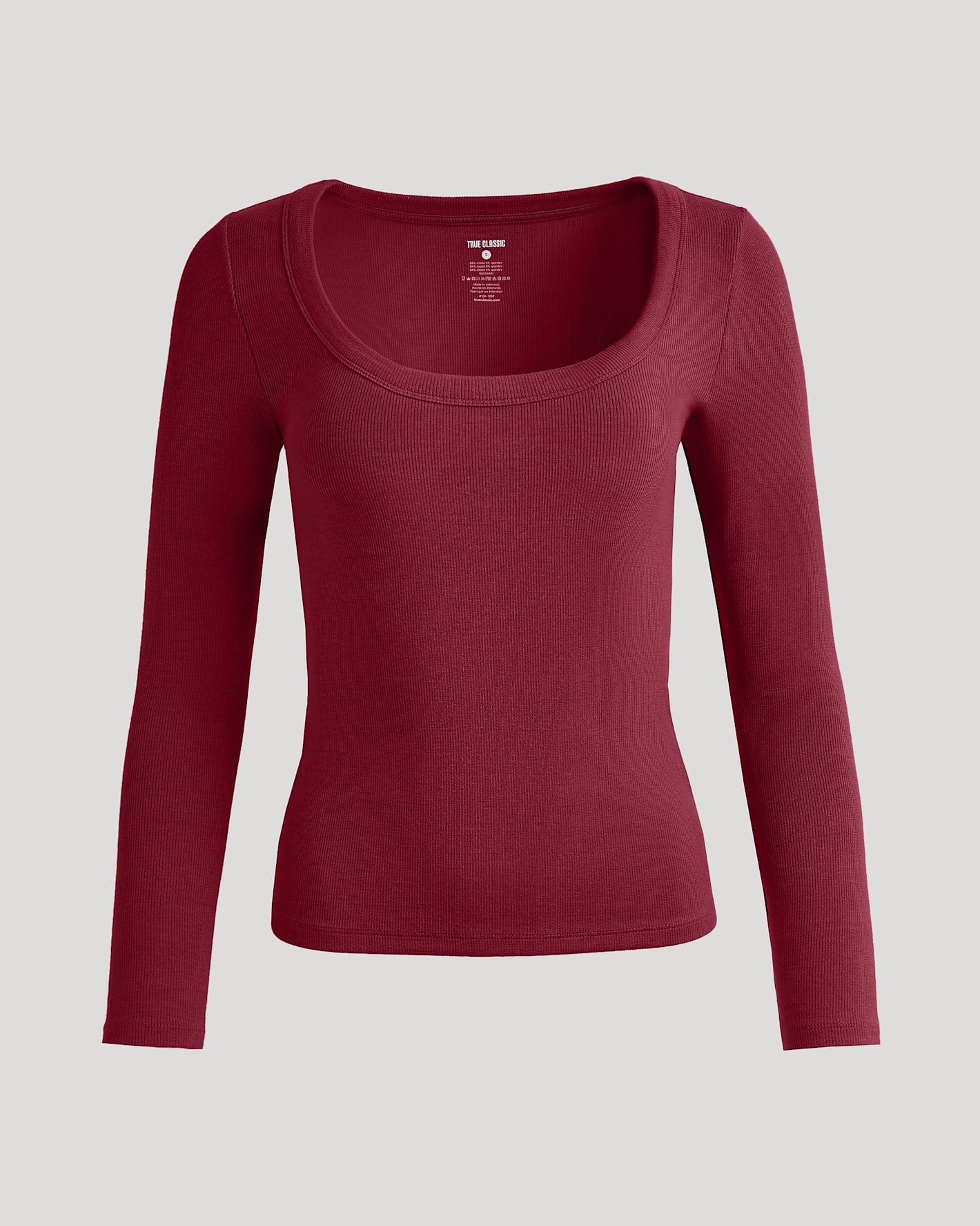 Womens Dark Maroon Ribbed Long Sleeve Scoop Neck Tee, textured, True Classic label.