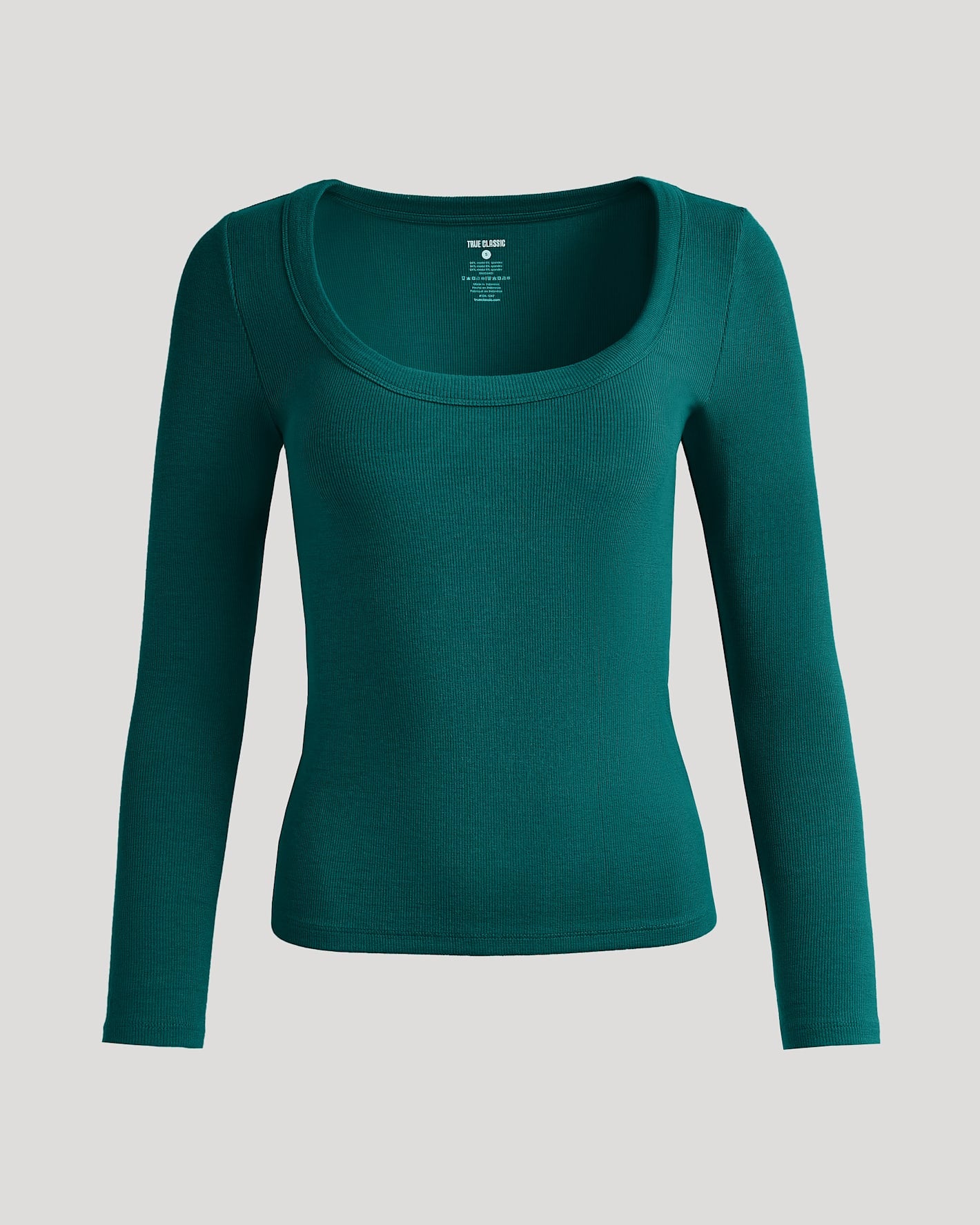 Womens Deep Emerald Ribbed Long Sleeve Scoop Neck Tee, fitted and textured.